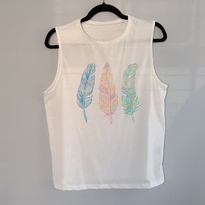 SHEIN White Tank Top with Vibrant Feather Design